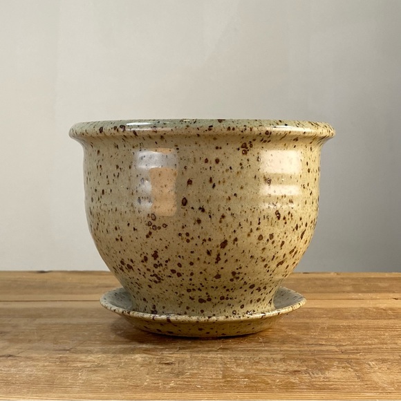 Vintage Pottery Bruning Clay Pot w Attached Saucer Speckled Gray Snohomish, WA - Picture 1 of 12
